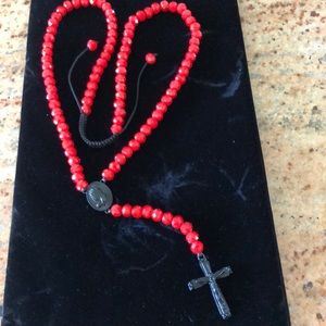 Red and black CZ rosary cross Jesus long necklace